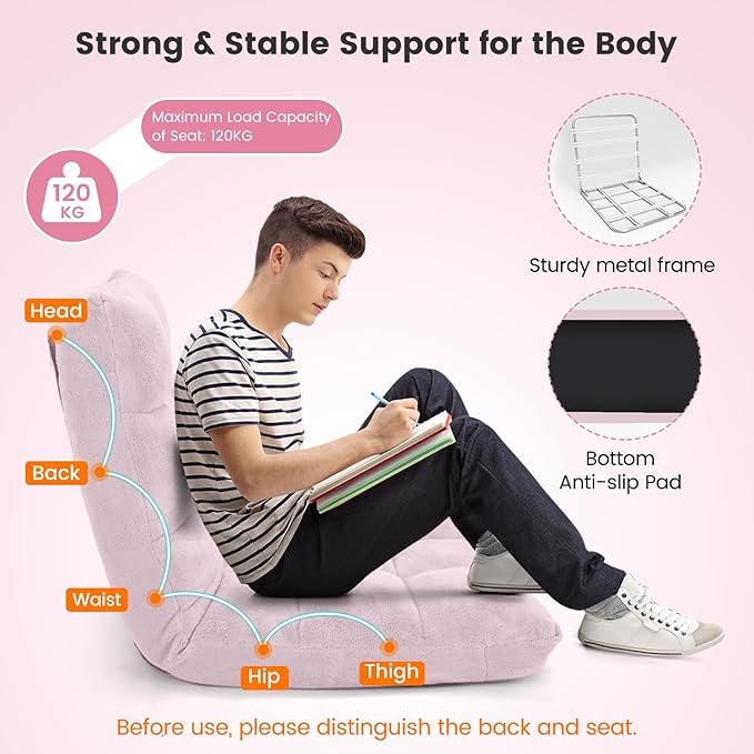 MAT EXPERT Floor Chair with Back Support Floor Gaming Chair w/ 14 Adjustable Position Soft Coral Fleece&ampAlloy Steel Frame Foldable Padded Lazy Couch Recliner for Meditating (Pale Pink Large)