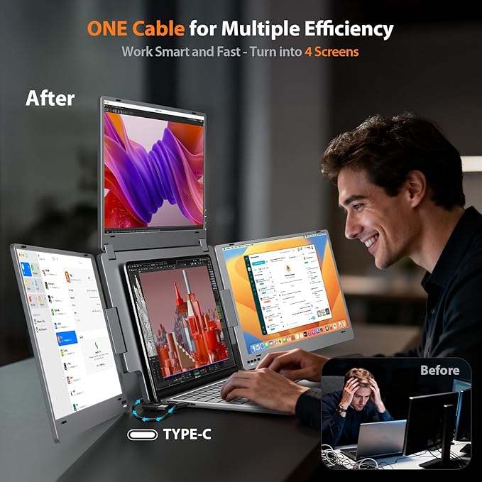 KYY Laptop Screen Extender for Laptop 15.6 Quad Portable Monitor 1080P Triple Screen Laptop Monitor Extender One Cable Connection Alloy Body Auto Rotation for 12–17.3” Laptops X90G