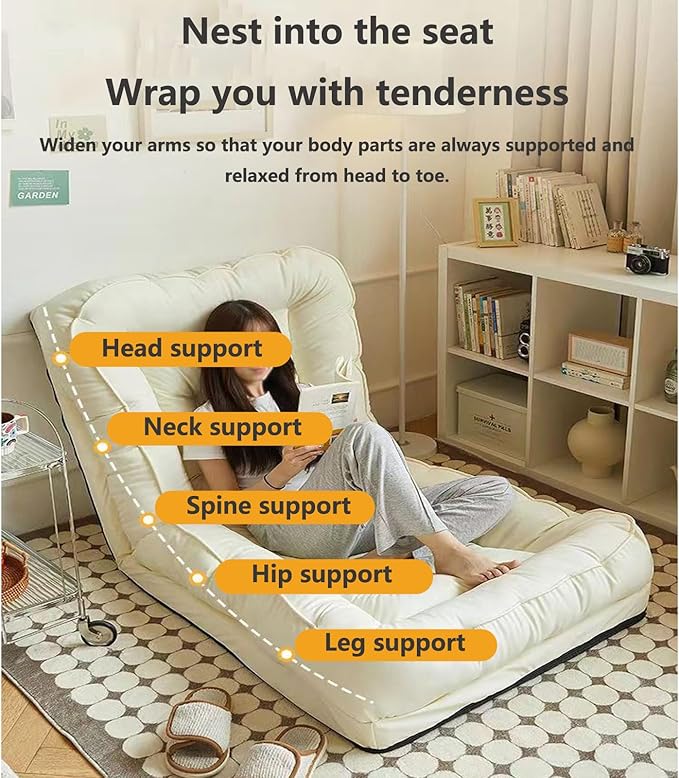 Folding Floor Chairs Video Gaming Chair for Adults Adjustable Chaise Lounge Indoor Padded Floor Seating with Back Support 5-Position Comfy Meditation Chair for Bed Beige B-120 * 60CM
