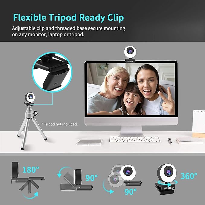 NexiGo N620E Webcam with Light 1080P 60FPS AutoFocus ePTZ 2X Digital Zoom Plug and Play [Software Included] FHD Streaming Web Camera Dual Stereo Mics for Zoom Skype Teams PC Mac Laptop Desktop