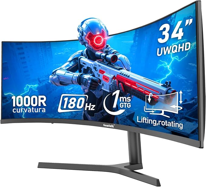 Gawfolk 34 Inch Ultrawide Curved 180Hz Gaming Computer Monitor 1000R PC screen 21:9 UWQHD (3440x1440) 1ms100%sRGBAdaptive SyncHDMI、Display PortLiftable StandWall Mount Compatible 75*75mm-Black