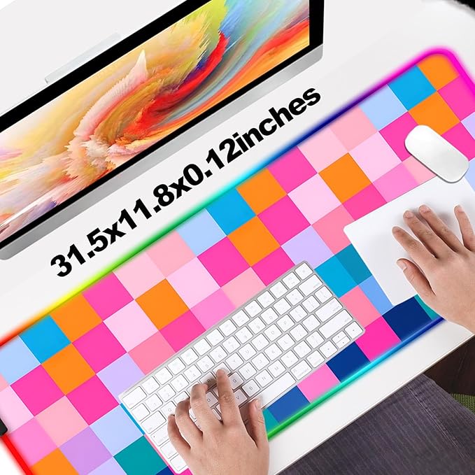 RGB Retro Coloful Checkered Gaming Desk Mat Computer Keyboard Large Extended Long LED Mouse Pad for Office and Home XL (W20)