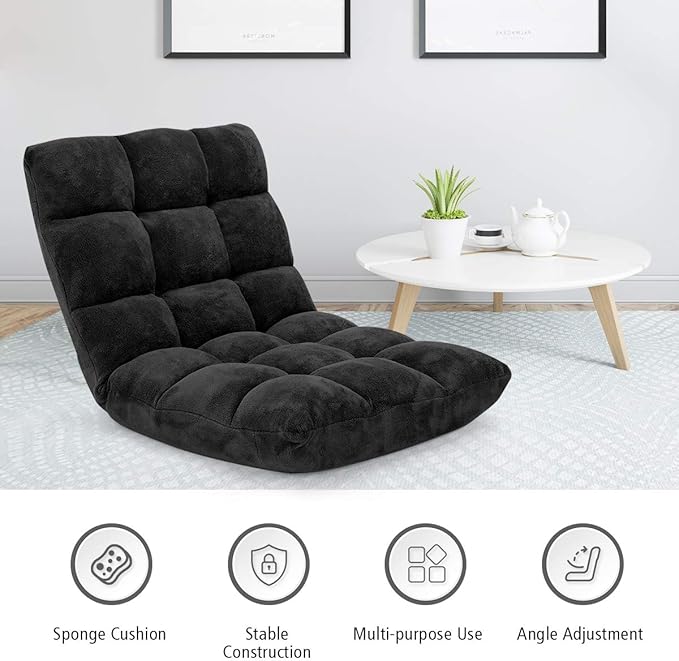 GOFLAME 14-Position Folding Floor Chair Padded Gaming Lazy Sofa Chair with Adjustable Backrest Couch Recliner Sleeper Bed Lounge Chair for Reading Gaming Meditating (Black)