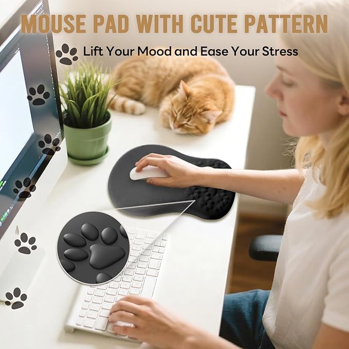 Black Ergonomic Mouse Pad with Wrist Rest SupportNon-Slip PU Bottom &amp Memory Foam Massage Bulge Cat Paw Pad DesignRelieves Carpal Tunnel Pain-an Ideal Mousepad for Office Desk Accessories