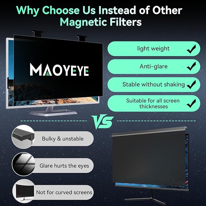 [2 Pack] Magnetic Hanging 23.8 Inch Computer Privacy Screen for 16:9 Aspect Ratio Widescreen Monitor Eye Protection Anti Glare Blue Light Computer Monitor Privacy Filter Removable 23.8 in Protector