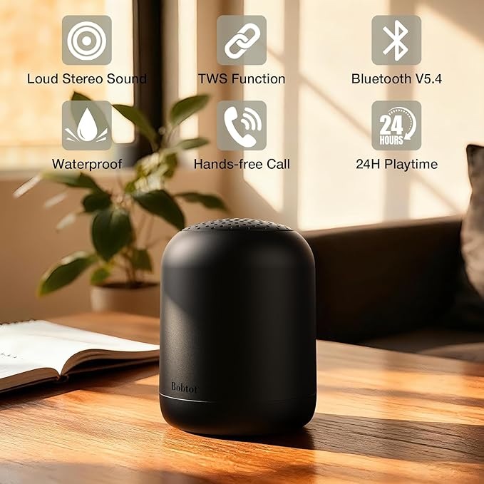 Bobtot Portable Bluetooth Speakers Wireless Waterproof Shower Speaker with 24H Playtime Loud Stereo Sound TWS Hands-Free Calling Small Size with Strap Easy to Carry Black