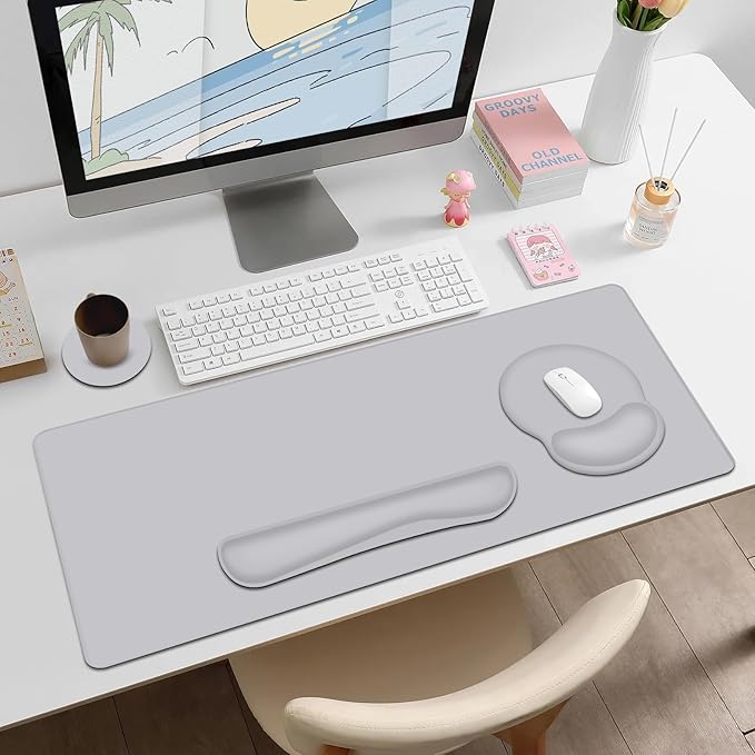 4 PCS Mouse Pad Desk Mat Protector Keyboard Wrist Rest + Comfortable Mouse Pad with Wrist Rest +Coaster Large Gaming Mousepad for Computer Laptop 35.4X 15.7 Deskpad for Office Home I Light Gray