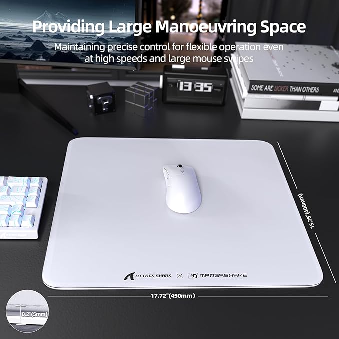 Attack Shark CM05 Contour Glass Gaming MousepadNano-Micro-Etched TextureSmooth Glass SurfaceHigh AccuracyFast-MovingAnti-Scratch PU Leather Super Non-Slip BaseLarge Size(450×400mm)White