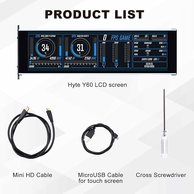 GeeekPi 12.6 Inch IPS LCD Touch Screen Monitor FHD 1920x515 Display Fit for Hyte Y60 PC Case CPU GPU Secondary Monitor Panel Built-in Dual Speakers Plug &amp Playwith up to 10-Points of Multi-Tou