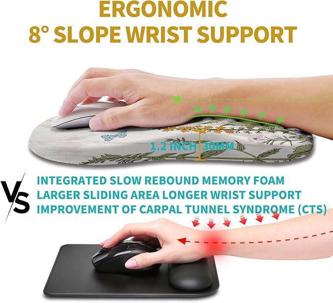 Hokafenle Ergonomic Mouse Pad Wrist Support Wrist Rest Mousepad for Carpal Tunnel Pain Relief with Integrated Memory Foam Slope Massage Bulge (11.8x7.9 inchGarden Flowers