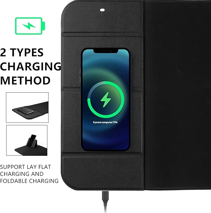 Wireless Charging Mouse Pad with Phone Holder Gaming Mousepad Desk Mat 15W Qi Fast Charging Pad Ultra-Smooth Surface Non-Slip Extended Premium Black Computer Keyboard Mat for MacBook PC Laptop