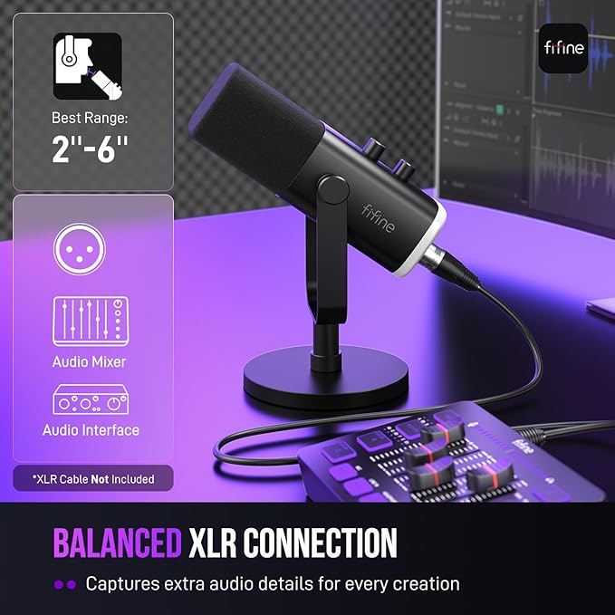 FIFINE XLR/USB Gaming Microphone with Desktop Mic Stand Kit Streaming Dynamic Microphone with RGB Gain Knob Headphone Jack Adjustable Table Mic Stand for Recording Podcast Voice-Over-AM8+BS1