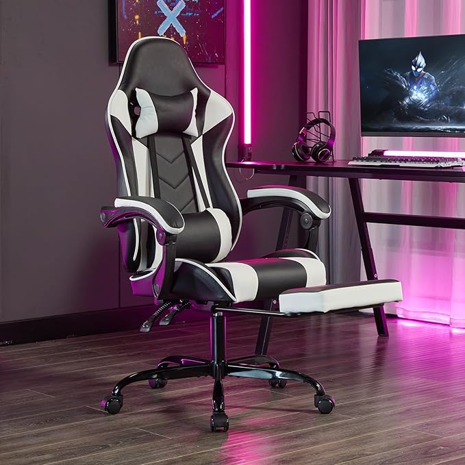 Ergonomic Office Chair Gaming Chair Home Office Computer Chair 330lbs 3-Level Tilt Backrest with Footrest Comfortable Headrest and Lumbar Support Swivel Rolling Seating (White)