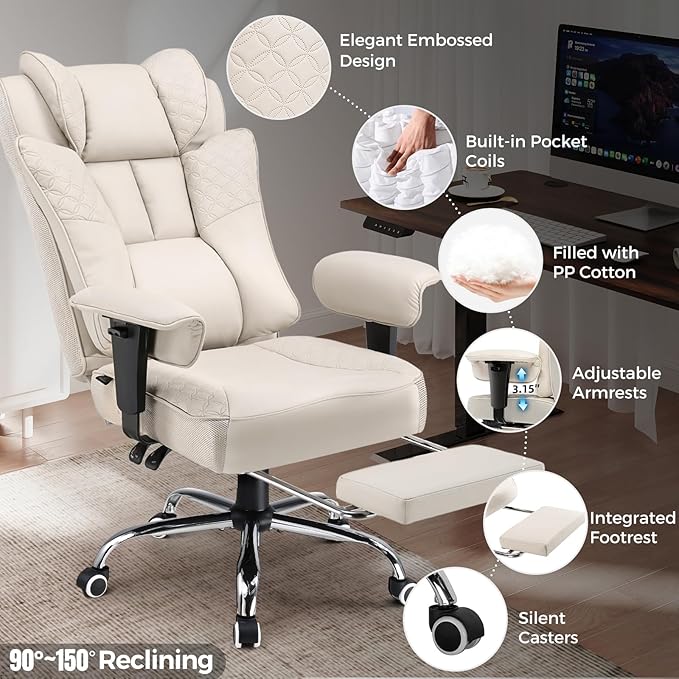 GTPLAYER Big and Tall Office Chair 400LBS Wide Ergonomic Gaming Chair with Deluxe Embossing Designed Leather with Foot Rest150°Reclining Adjustable Soft Armrests Pocket Spring Back Support and Pillow