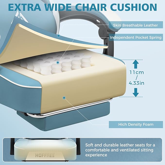HOFFREE Gaming Chair Computer Chair with Pocket Spring Cushion Massage Game Chair with Footrest Ergonomic High Back Computer Gaming Chairs for Adults Adjustable Swivel Gamer Chair Stone Blue and White