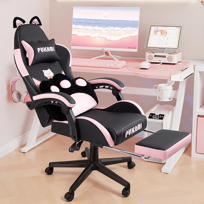 Black Gaming Chair with Cat Ears and Cat Paw Lumbar Cushion Cute Ergonomic Gaming Computer Desk Chair with Footrest and Linked Armrests Comfortable PU Leather Game Chair for Girls and Adults
