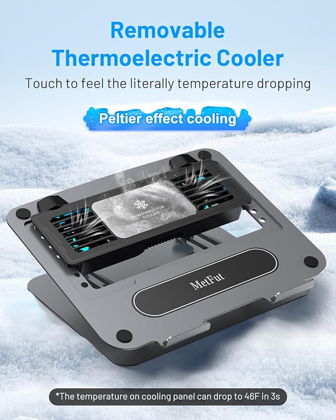 Laptop Cooling Pad with Detachable Fan &amp Thermoelectric Cooler Adjustable Height &amp Angle 360 Rotation Base Carbon Steel Framework Ultra-Quiet &amp Super Sturdy for up to 15.6” Laptop