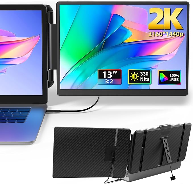 2K Laptop Monitor Extender - 13 IPS 1440P Dual Monitor Attachment Plug &amp Play Multiple Screens for 13-17 Laptop Compatible with Wins Mac Dex Chrome Travel Gaming Work