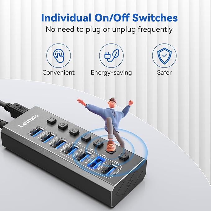 Powered USB Hub 3.0 Leinsis 7-Port USB 3.0 Hub [Durable Aluminum] 7 Data Transfer Ports+ 4 Smart Charging Ports with Individual On/Off Switches USB Hub 3.0 Powered with Power Adapter for Laptop PC