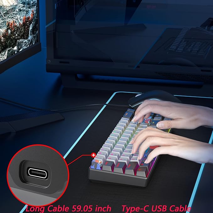 Protable 60% Percent Gaming Keyboard Mechanical Mini Compact RGB Backlit 68 Keys Wired Office Keyboard with Red Switch for Mac/Win (Dolch/red Switch 68)