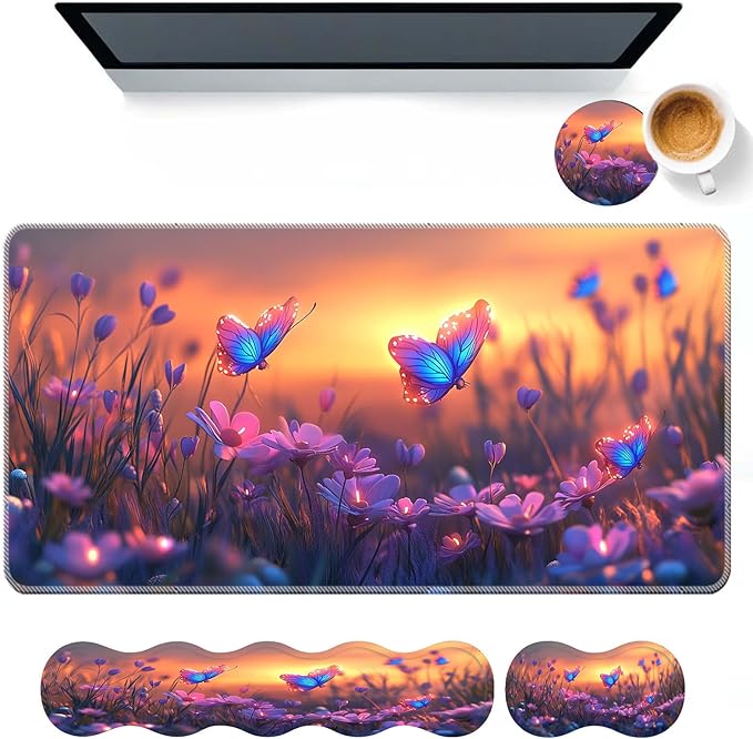 Keyboard Mouse Pad SetLarge Desk Pad+Keyboard Wrist Rest+Mouse Wrist Support+CoasterEasy Typing Pain Relief Non-Slip Wrist Support Mousepad Set Home OfficeGlowing Butterflies Flowers