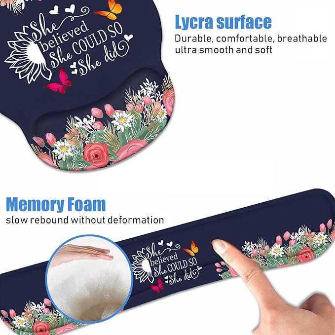 Keyboard Wrist Rest + Mouse Pad Wrist Support Set with Coasters She Believed She Could So She Did Inspirational Quote Design Non-Slip PU Base Ergonomic Mousepad for Home Office Working Studying