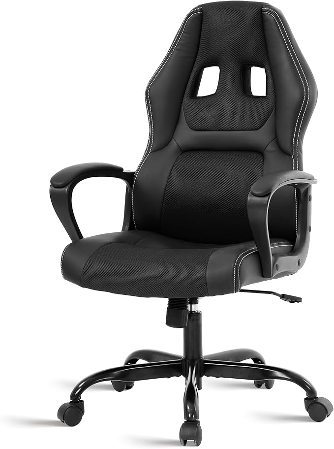 MKDLUFEI Video Game ChairErgonomic Office Chair Desk Chair and Lumbar Support PU Leather Recliner with HeadrestHeight Adjustable Computer Chair for Adults (Black)