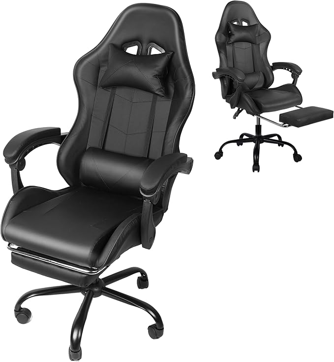 Gaming Chair Ergonomic Computer Chair with Footrest and Lumbar Support Height Adjustable Office Chair with 360° Swivel Seat and Headrest (Black)