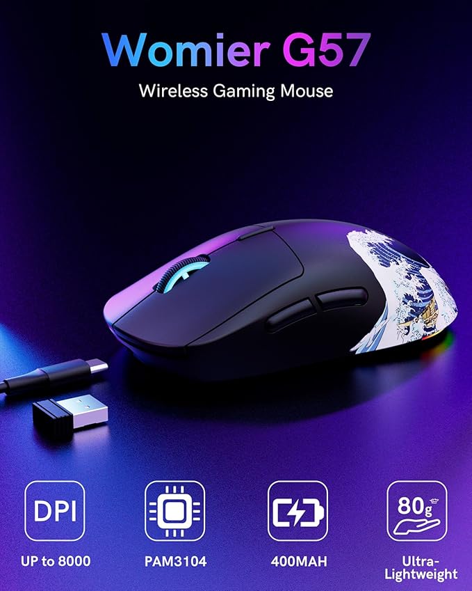 G57 Wireless Gaming Mouse 8000 DPI 80g 2.4G/Bluetooth/USB-C Rechargeable Wireless Mouse with 5 Programmable Buttons for PC/Mac Black