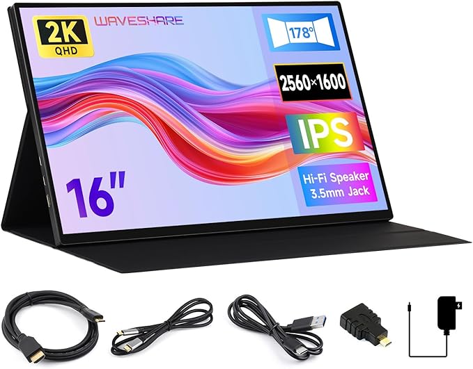 waveshare Luckfox 16inch 2K Portable Touch Monitor with Magnetic Protective Case 2560 × 1600 Resolution HDR 165Hz Refresh Rate IPS Panel Optical Bonding 10-Point Touch