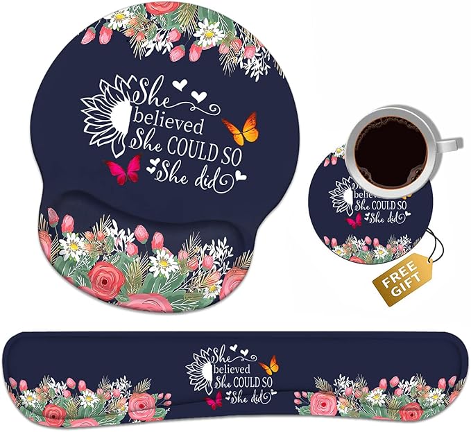 Keyboard Wrist Rest + Mouse Pad Wrist Support Set with Coasters She Believed She Could So She Did Inspirational Quote Design Non-Slip PU Base Ergonomic Mousepad for Home Office Working Studying