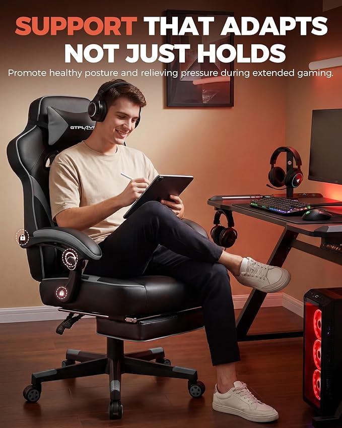 GTPLAYER Gaming Chair with Footrest Big and Tall Computer Game Chair 350lb Racing Style Ergonomic High Back Lumbar Support and Recliner Moon Gray