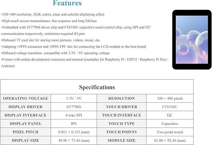 3.5inch Capacitive Touch Screen Compatible with Raspberry Pi 5/4B/3B+/Zero/Zero W/Zero 2W/Pico/Pico W/Pico 2/Pico 2 W/ ESP32 /Ar-duino IPS Display 320x480 Resolution SPI and I2C Control Interfaces