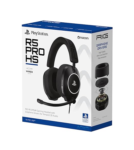RIG R5 Spear PRO HS Wired Gaming Headset Officially Licensed for PlayStation PS5 PS4 PC - 40mm Graphene Drivers Tempest 3D Audio Flip-to-Mute Mic Memory Foam Cushions 3.5mm -Black