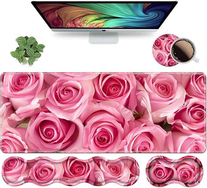 Ergonomic Keyboard Wrist Rest and Mouse Pad Wrist Rest Set Large XXL Gaming Mousepad 31.5x 11.8 Memory Foam Easy Typing Pain Relief Multifunctional Desk Mat for Office &amp Home Pink Roses