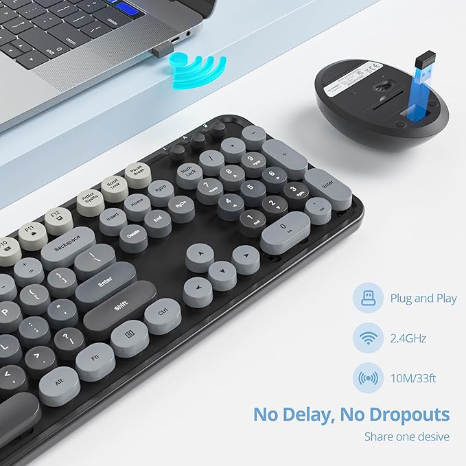 Owpkeenthy Retro Keyboard and Mouse Wireless Cute Black Keyboard with Retro Typewriter Style Full-Sized with Number Pad Round Keys for Desktop Laptop and Computerr (Gradient Dark)