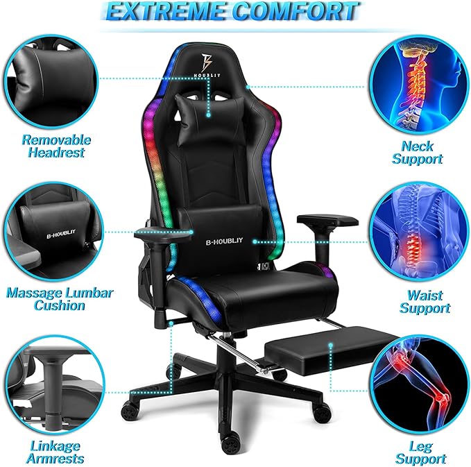 Massage Gaming Chair High Back Office Computer Chair with Speakers and RGB Lights Recliner Chair Music Video Game Chair with Headrest and Lumbar Support for Home OfficePink