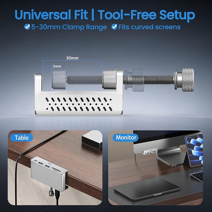 Ejay 7-in-1 USB C Hub with Clamp Mount 4K@60Hz HDMI for MacBook Pro 100W PD Charging 10Gbps USB 3.2 Hub for SD/TF Card Reader Aluminum Hub for XPS iPad Pro Windows Silver