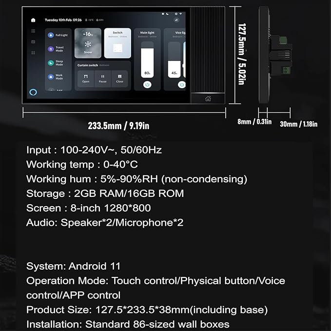 Zunate Smart Control Touch Screen 8 Inch 2G +16G Touch Screen Voice Control Player Easy Wall Mounted Installation smart Scene Wall Panel for Home