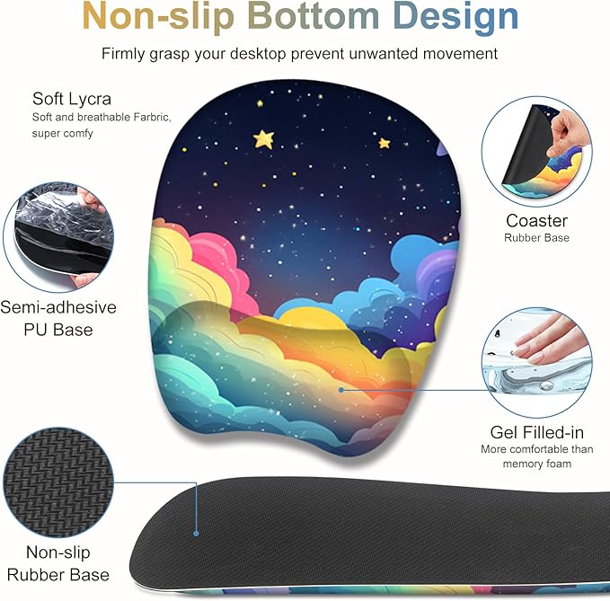 Mouse Pad with Wrist Support 4 in1 Set XXL Big Game Mousepad + Keyboard Wrist Rest + Mouse Wrist Rest Pad +Coaster Gaming Mat for Home Office Work Computer Laptop I Colorful Clouds Starry Night
