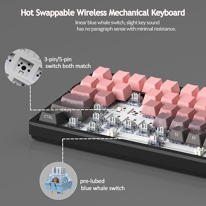 MageGee LIGHT100 Wireless Creamy Keyboard Gasket Structure Hot Swappable 2.4G/USB-C/BT5.0 RGB Backlit Mechanical Gaming Keyboard for Win/Mac/PC 8000mAh Battery Side Printed PBT Keycap Pink