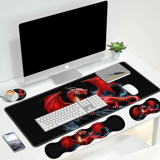 4 in 1 Ergonomic Keyboard Wrist Rest &amp Mouse Pad Wrist Rest Set Large XXL Gaming Desk Mat 31.5x 11.8 with Non-Slip Base Memory Foam for Home Office Study Gaming Red Dragon