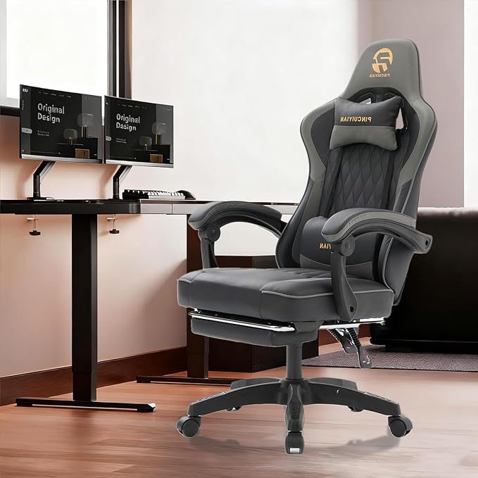 Gaming Chair Video Game Chair with Retractable Footrest and Lumbar Support High Back Ergonomic Computer Chair PU Leather Gamer Chairs