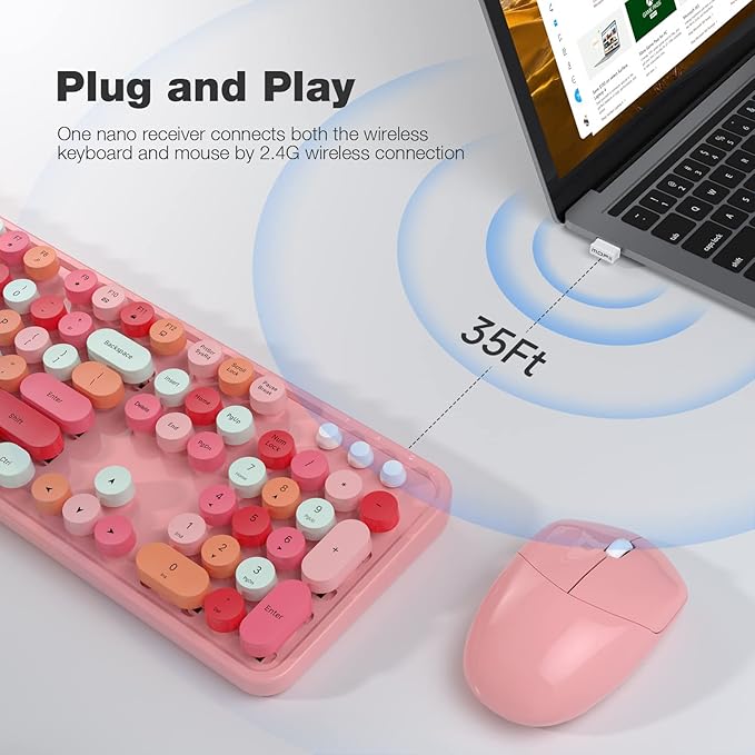 Wireless Keyboard and Mouse Combo MOWUX Colorful Computer Full Size 2.4G Plug and Play Wireless Typewriter Keyboard and Mouse Set for Windows Computer Desktop PC Notebook (Pink Colorful)