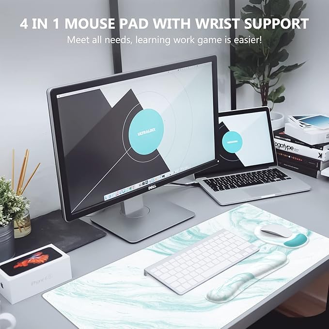 iLeadon Keyboard Mouse Pad Set Large Gaming Mouse Pad + Keyboard Wrist Rest + Mouse Pad with Wrist Support + Coaster Easy Typing Pain Relief 4in1 Desk Mat Set for Home Office Teal Turqoise Marble