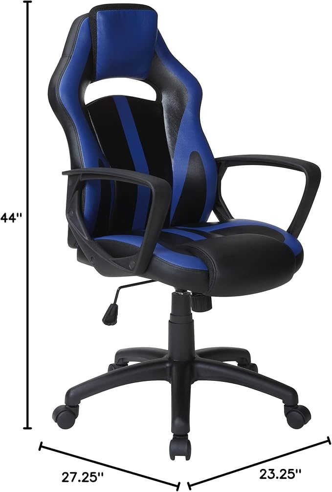 OSP Home Furnishings Influx Adjustable Faux Leather Gaming Chair with Lumbar Support and Full 360 Rotation Blue Accents