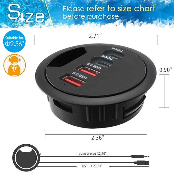 Grommet Desk-Fit USB 3.0 Hub (Diameter 2.36 or 60MM) 2 Port Type A&amp2 Port Type CCompatible Charging and Data Transmission