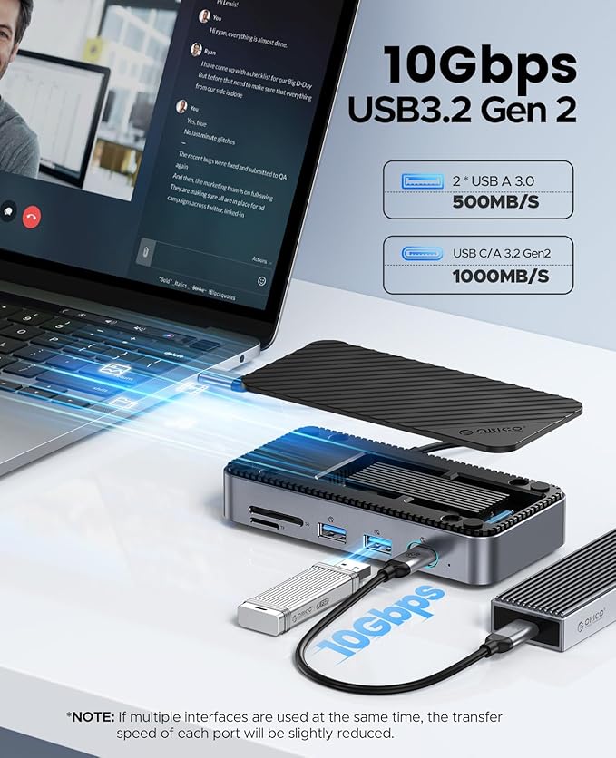 ORICO 10-in-1 USB C HUB with SSD Enclosure Built-in Cooling Fan with NVMe/SATA HDMI 4K@60Hz10Gbps/5Gbps USBA/C Gigabit Ethernet SD/TF 3.0 Ports Compatible with Windows/Mac/Dell/HP