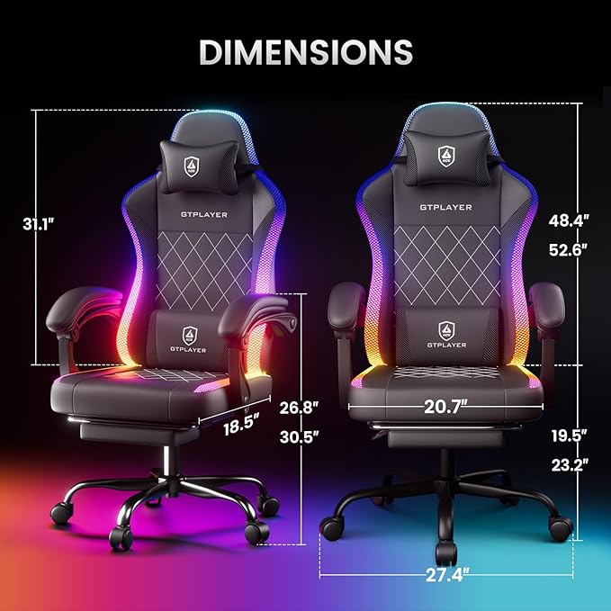 GTPLAYER RGB Gaming Chair with Footrest Massage LED Lights Lumbar Support - Ergonomic Computer Chair with Linkage Armrest Video Game Chairs PC Game Chairs for Adults