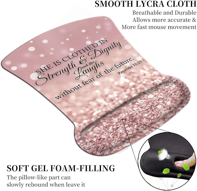 Ergonomic Mouse Pad Wrist Support Gel and Keyboard Wrist Rest Set Proverbs 31:25Bible Verse Pink Glitter Design for Laptop Mac Gaming and Office Durable Comfortable and Pain Relief + Coaster
